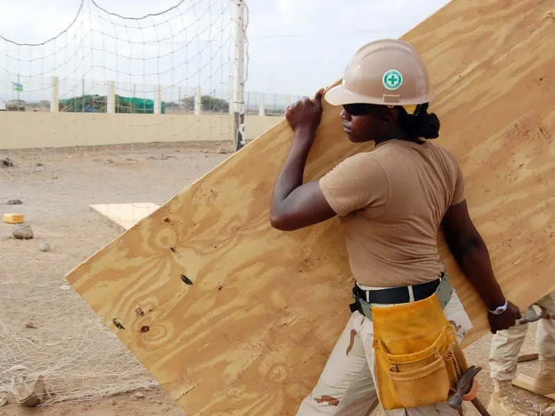 Construction worker carrying plywood